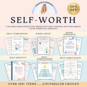 Self worth worksheet and cards bundle, self esteem, confidence, teen girls, inner critic, self sabotage, self identity, mental health, CBT